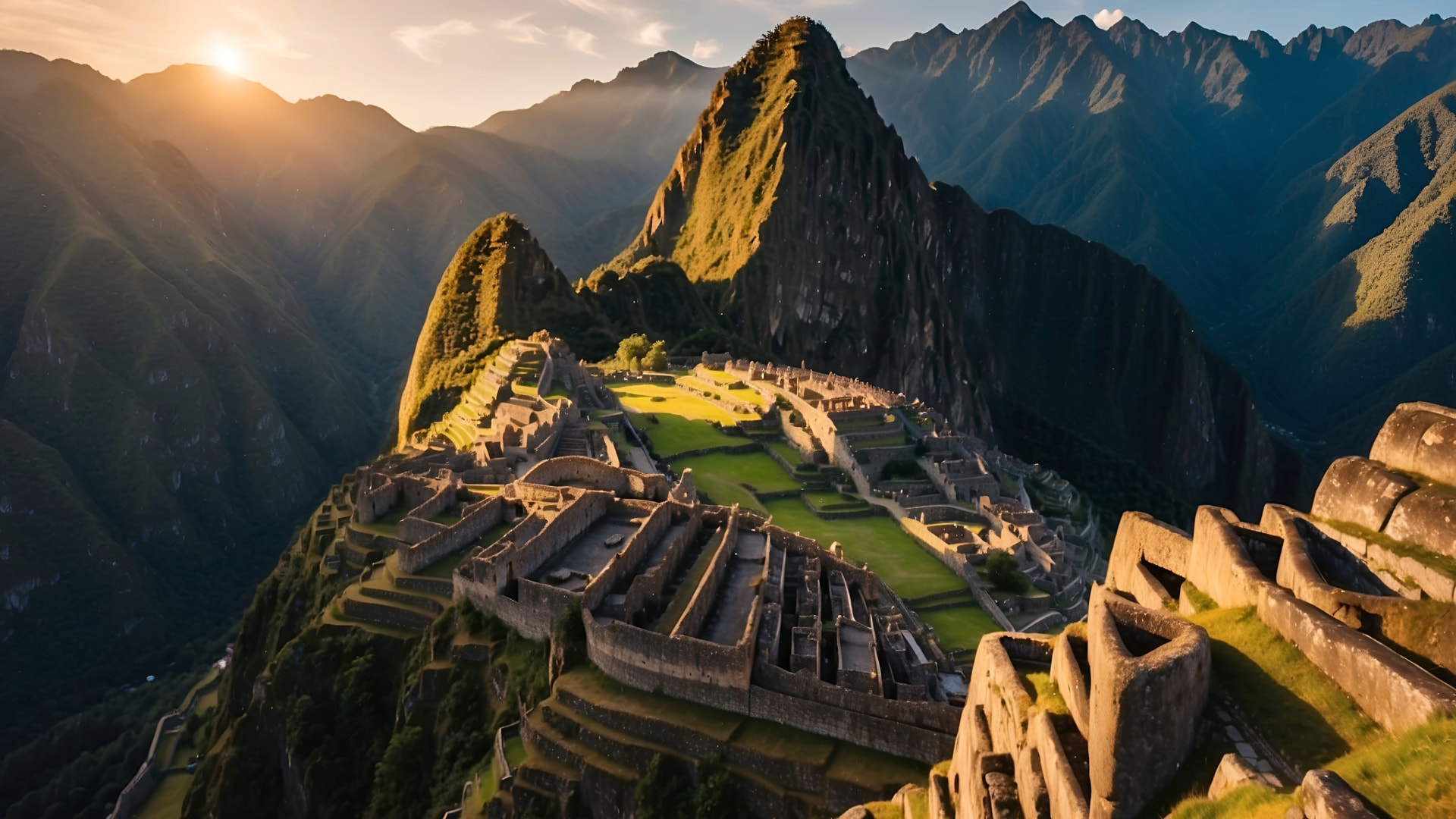 Machu Picchu at sunrise with Huayna Picchu