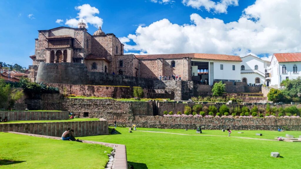 Qoricancha Inca walls and Santo Domingo church with gardens in Cusco