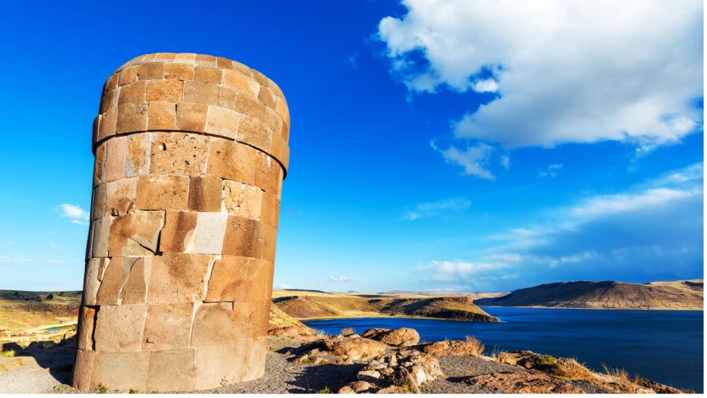 Funerary chullpa tower at Sillustani overlooking Lake Umayo