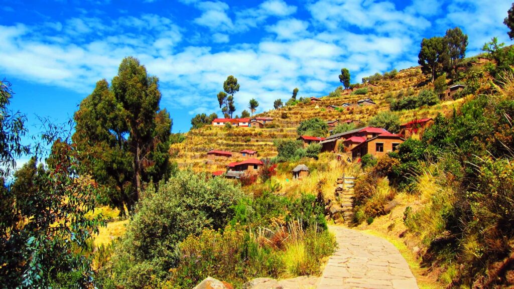 Stone path leading to hillside houses and terraces on a Lake Titicaca island