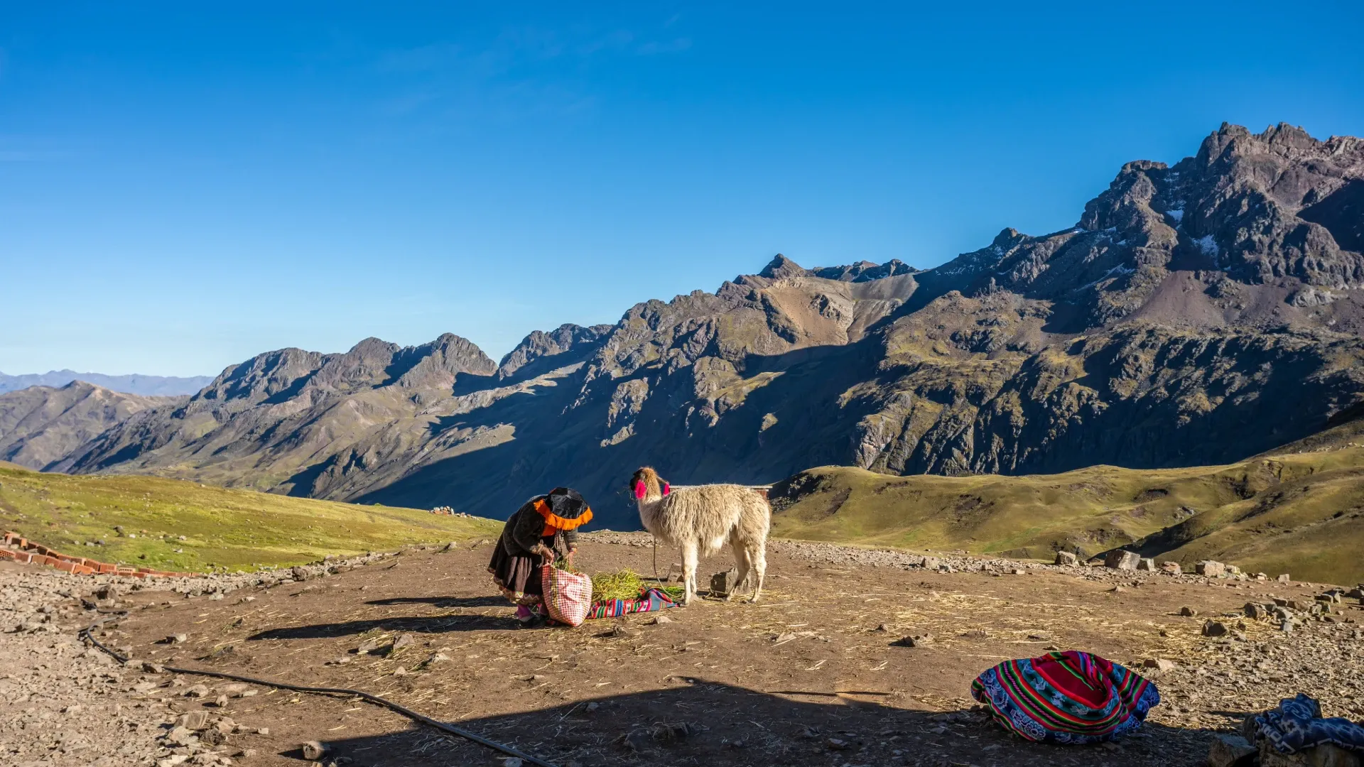 Moradora andina com sua lhama a caminho de Vinicunca